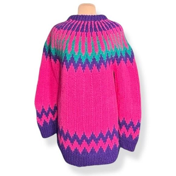 Vintage Handmade Greek Wool Fair Isle Sweater Dress Chunky Knit XL Pink Purple - Picture 3 of 10